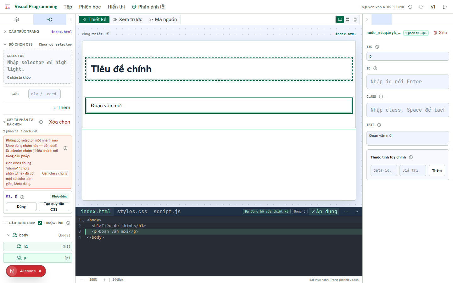 Chọn nhiều phần tử và xem gợi ý selector ở cột trái