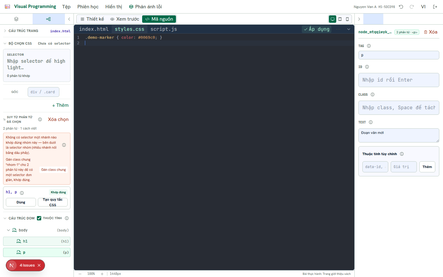 Đang gõ CSS, nút Áp dụng nhấp nháy vì có thay đổi chưa lưu