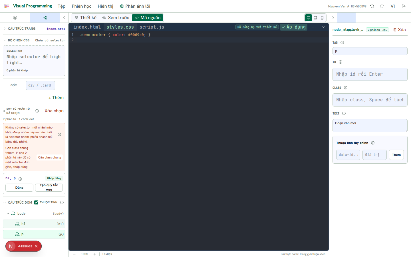 CSS đã áp dụng thành công, chip báo Đã đồng bộ với thiết kế