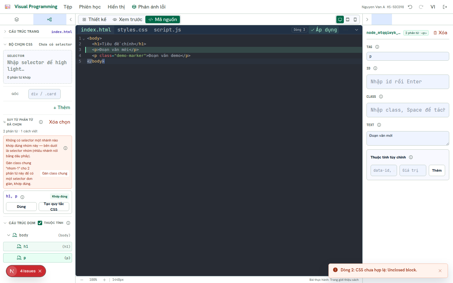 Đang gõ HTML, nút Áp dụng nhấp nháy vì có thay đổi chưa lưu