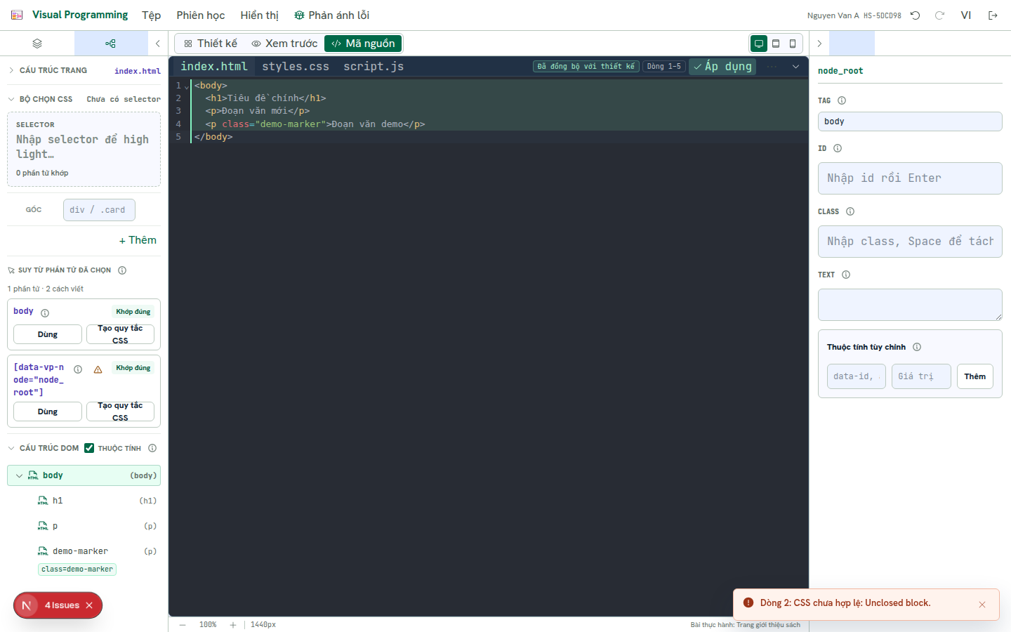 HTML đã áp dụng thành công, chip báo Đã đồng bộ với thiết kế