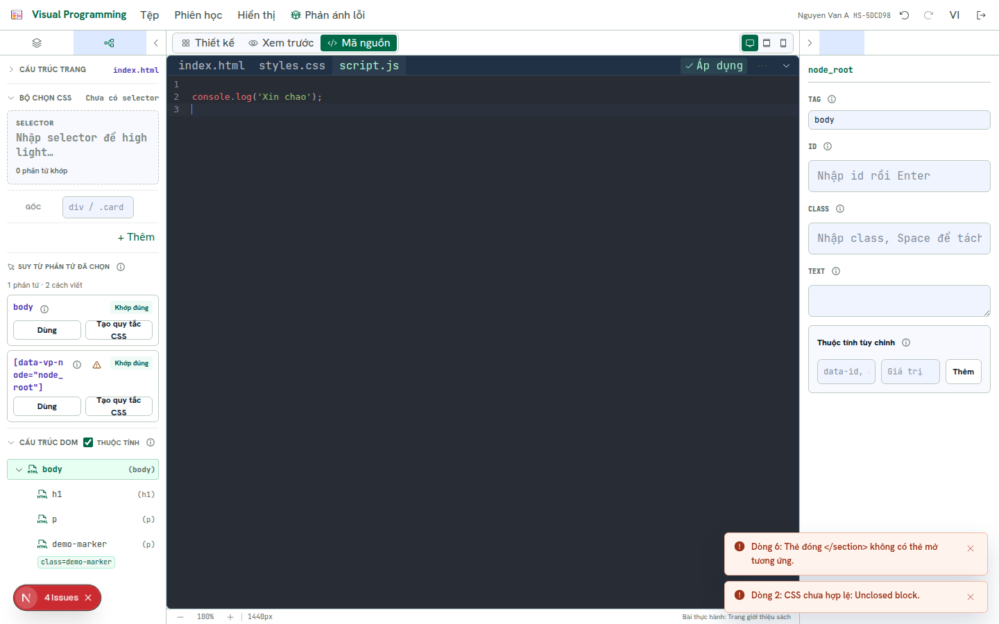 Đang gõ JavaScript, nút Áp dụng nhấp nháy vì có thay đổi chưa lưu