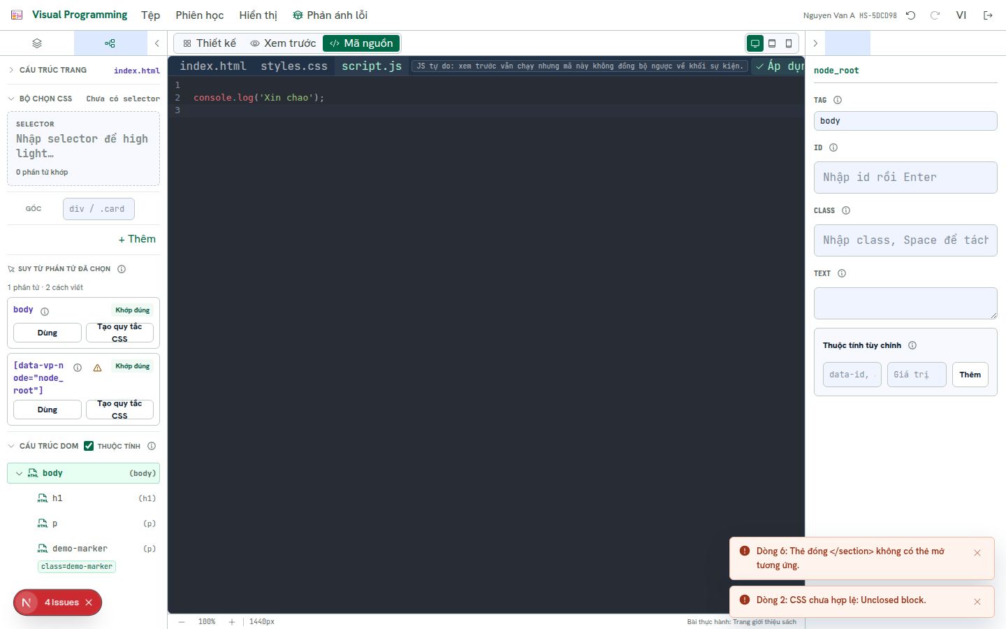 JavaScript đã áp dụng thành công, chip báo Đã đồng bộ với thiết kế