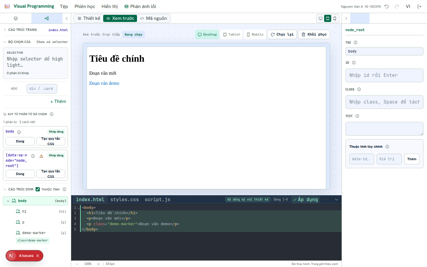 Chế độ Xem trước hiện trang demo đang chạy ở khung Máy tính bảng