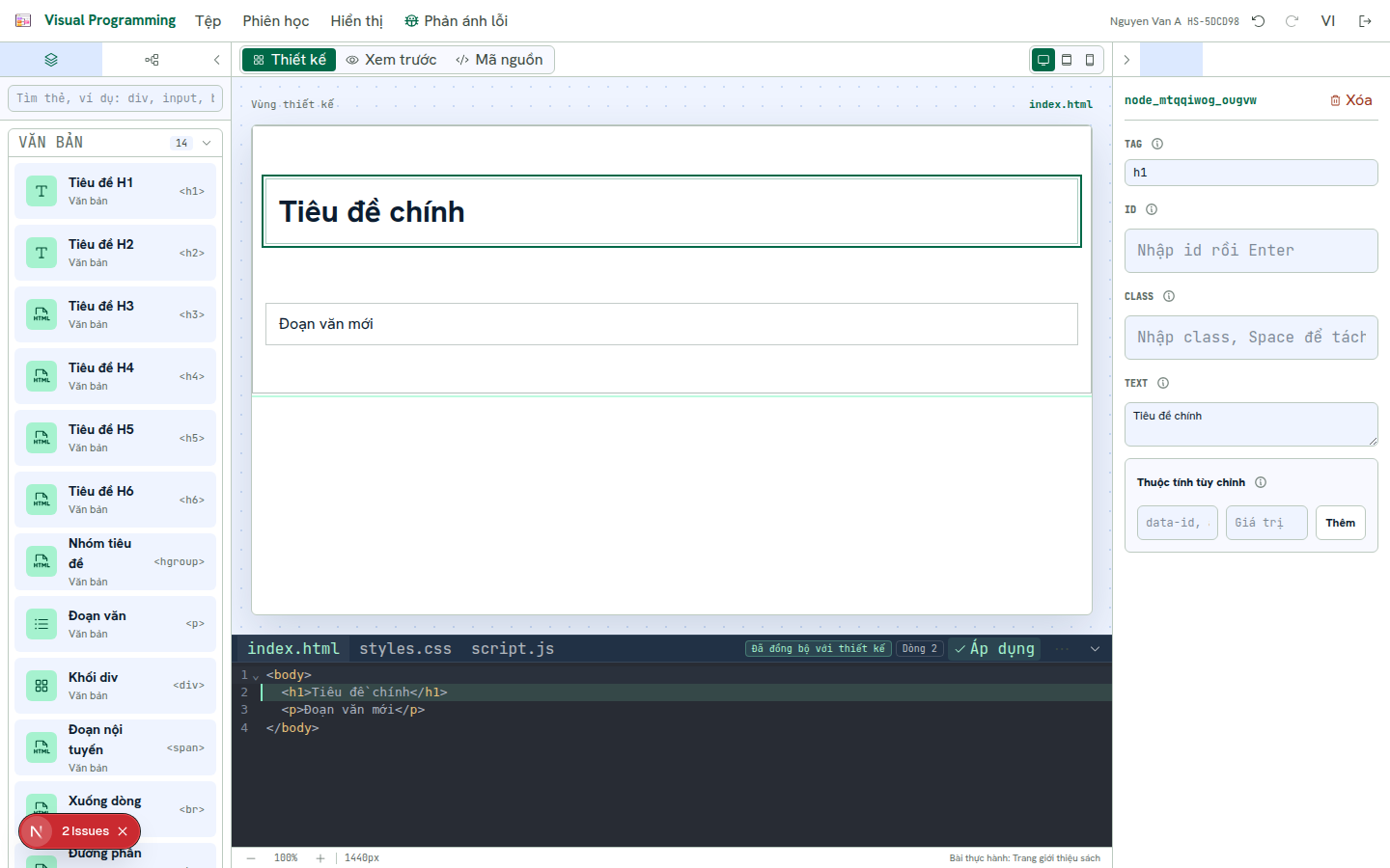 Chọn phần tử và xem thuộc tính bên phải