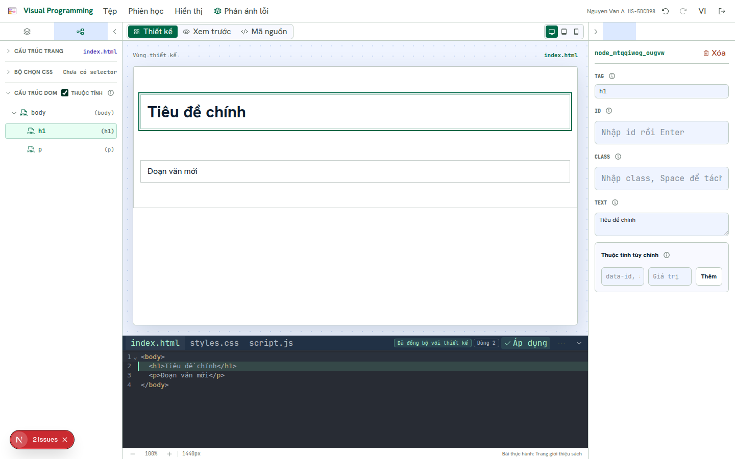 Cây DOM với công tắc Thuộc tính đã bật