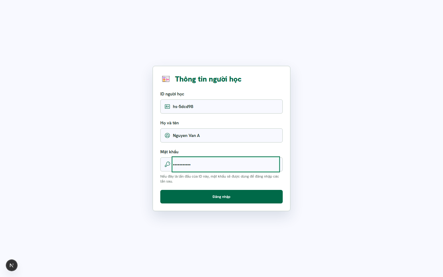 Màn hình đăng nhập người học